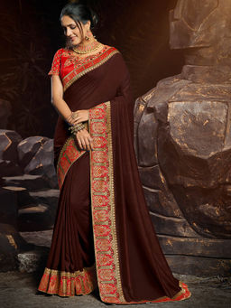 SANSKAR - Brown Vichitra Silk Embroidered Saree with Unstitched Blouse