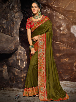 SANSKAR - Green Vichitra Silk Embroidered Saree with Unstitched Blouse