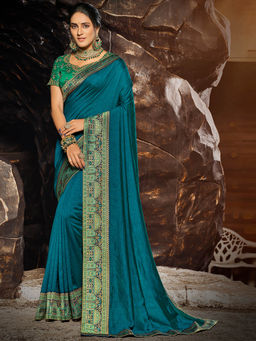 SANSKAR - Turquoise Blue Vichitra Silk Embroidered Saree with Unstitched Blouse