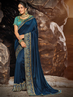 SANSKAR - Blue Vichitra Silk Embroidered Saree with Unstitched Blouse