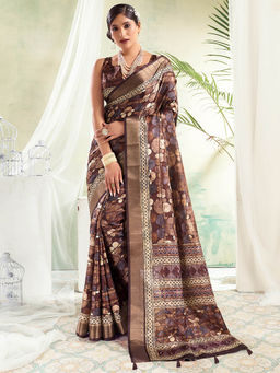 SANSKAR - Brown Digital Printed Silk Zari Weaved Tasselled Saree with Unstitched Blouse