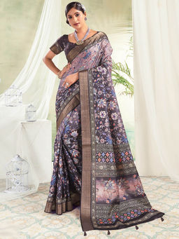 SANSKAR - Lavender Floral Digital Printed Silk Zari Weaved Tasselled Saree with Unstitched Blouse