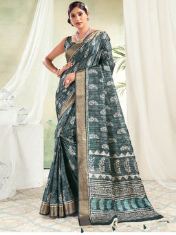 SANSKAR - Green Ethnic Motifs Digital Printed Silk Zari Weaved Tasselled Saree with Unstitched Blouse