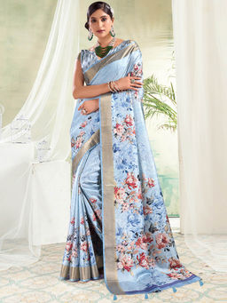 SANSKAR - Turquoise Floral Digital Printed Silk Zari Weaved Tasselled Saree with Unstitched Blouse