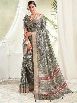 SANSKAR - Grey Floral Digital Printed Silk Zari Weaved Tasselled Saree with Unstitched Blouse