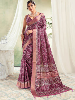 SANSKAR - Pink Digital Printed Silk Zari Weaved Tasselled Saree with Unstitched Blouse