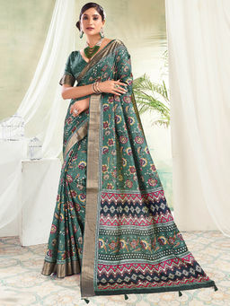 SANSKAR - Green Floral Digital Printed Silk Zari Weaved Tasselled Saree with Unstitched Blouse