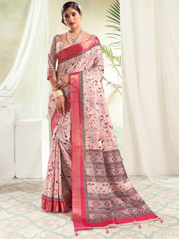 SANSKAR - Red Ikat Digital Printed Silk Zari Weaved Tasselled Saree with Unstitched Blouse