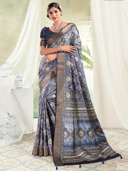 SANSKAR - Blue Digital Printed Silk Zari Weaved Tasselled Saree with Unstitched Blouse