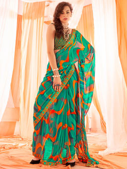 SANSKAR - Green Abstract Print Weightless Georgette Saree with Unstitched Blouse