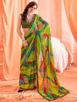 SANSKAR - Green Abstract Print Weightless Georgette Saree with Unstitched Blouse