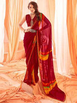 SANSKAR - Maroon Abstract Print Weightless Georgette Saree with Unstitched Blouse