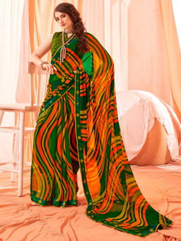 SANSKAR - Green Abstract Print Weightless Georgette Saree with Unstitched Blouse