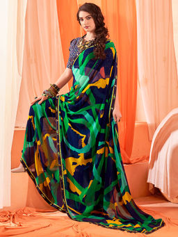 SANSKAR - Blue Abstract Print Weightless Georgette Saree with Unstitched Blouse