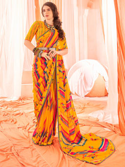 SANSKAR - Yellow Abstract Print Weightless Georgette Saree with Unstitched Blouse
