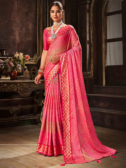 SANSKAR - Pink Chiffon Paisley Foil Print Saree with Unstitched Blouse