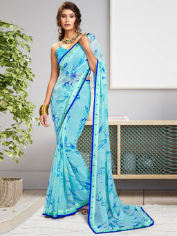 SANSKAR - Turquoise Blue Abstract Georgette Printed Saree with Unstitched Blouse