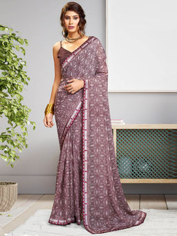 SANSKAR - Brown Geometric Georgette Printed Saree with Unstitched Blouse