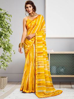 SANSKAR - Yellow Striped Georgette Printed Saree with Unstitched Blouse