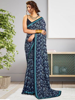 SANSKAR - Blue Floral Georgette Printed Saree with Unstitched Blouse