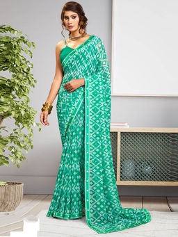 SANSKAR - Green Geometric Georgette Printed Saree with Unstitched Blouse