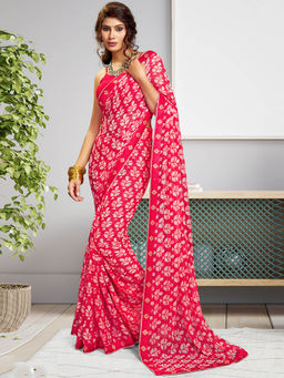 SANSKAR - Peach Floral Georgette Printed Saree with Unstitched Blouse