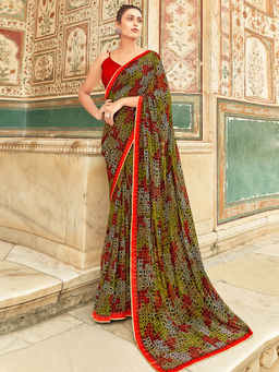 SANSKAR - Green Georgette Geometric Printed Saree with Unstitched Blouse