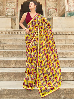 SANSKAR - Yellow Georgette Printed Saree with Unstitched Blouse