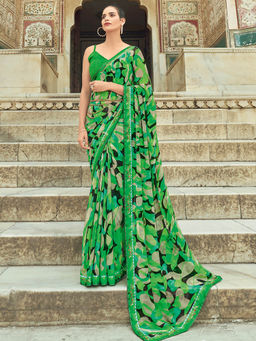 SANSKAR - Green Georgette Printed Saree with Unstitched Blouse