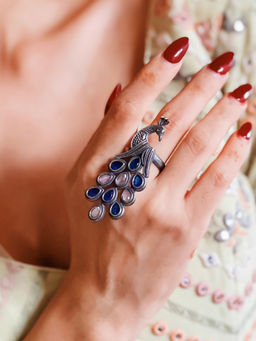 Azai by Nykaa Fashion - Ethnic Silver & Blue Peacock Ring