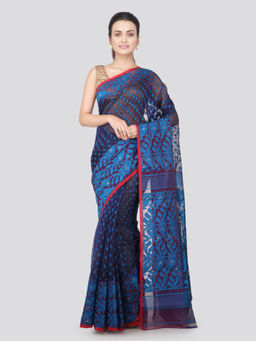 PinkLoom - Womens soft Cotton Jamdani Saree without Blouse -Navy Blue