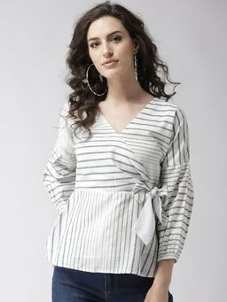 Twenty Dresses by Nykaa Fashion - White Wrap Me In Stripes Peplum Top