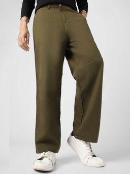 Urbano Fashion - Dark Olive Loose Baggy Fit Solid Non Stretchable Chino Trouser