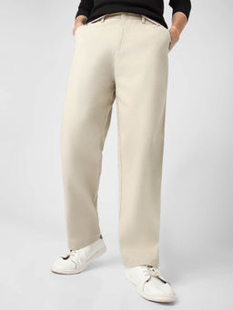 Urbano Fashion - Cream Loose Baggy Fit Solid Non Stretchable Chino Trouser