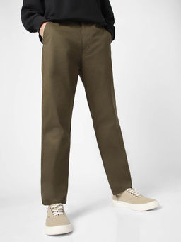 Urbano Fashion - Olive Green Cotton Regular Fit Casual Stretchable Chinos Trouser