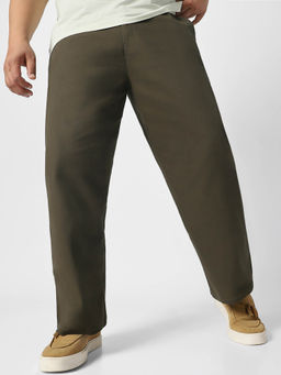 Urbano Plus - Dark Olive Loose Baggy Fit Solid Non Stretchable Chino Trouser