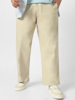 Urbano Plus - Cream Loose Baggy Fit Solid Non Stretchable Chino Trouser