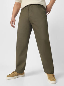 Urbano Plus - Olive Green Cotton Regular Fit Casual Stretchable Chinos Trouser