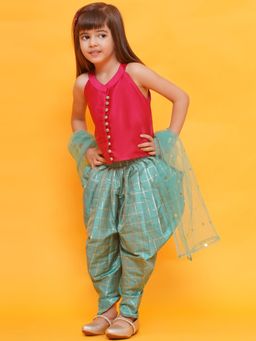 AJ Dezines - Girls Dark Pink-Blue Shinny Silk Blend Sleeveless Indo Western (Set of 3)