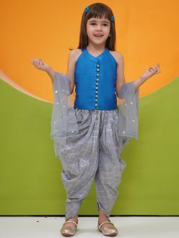 AJ Dezines - Girls Dark Blue-Grey Silk Blend Sleeveless Indo Western (Set of 3)