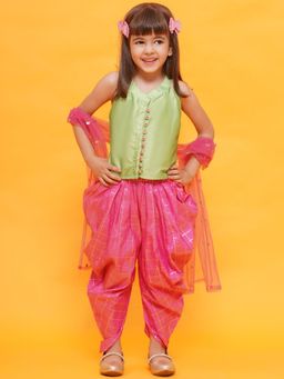 AJ Dezines - Girls Lime Green-Pink Shinny Silk Blend Sleeveless Indo Western (Set of 3)