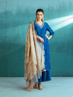 MANDIRA WIRK - Blue Chanderi Kurta Sharara (Set of 4)