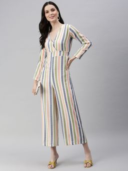 SHOWOFF - Womens V-neck Long Sleeves White Striped Jumpsuit
