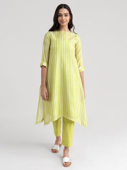 Pink Fort - Floral and Striped Cotton Kurta Yellow (Set of 2)
