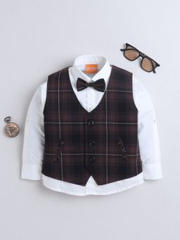 Mini Stitch - Brown Checks Shirt with Waistcoat and Bow