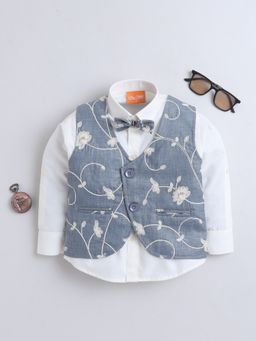 Mini Stitch - Blue Embroidered Shirt with Waistcoat and Bow