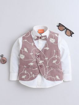 Mini Stitch - Beige Embroidered Shirt with Waistcoat and Bow