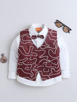 Mini Stitch - Maroon Embroidered Shirt with Waistcoat and Bow