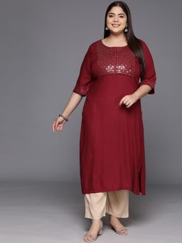Extra love by Libas - Plus Size Women Maroon Yoke Design Rayon Straight Kurtas for Women