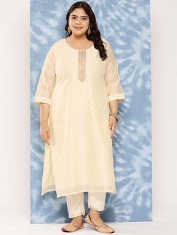 Extra love by Libas - Plus Size Women Off White Yoke Design Chanderi Silk Straight Kurtas for Women